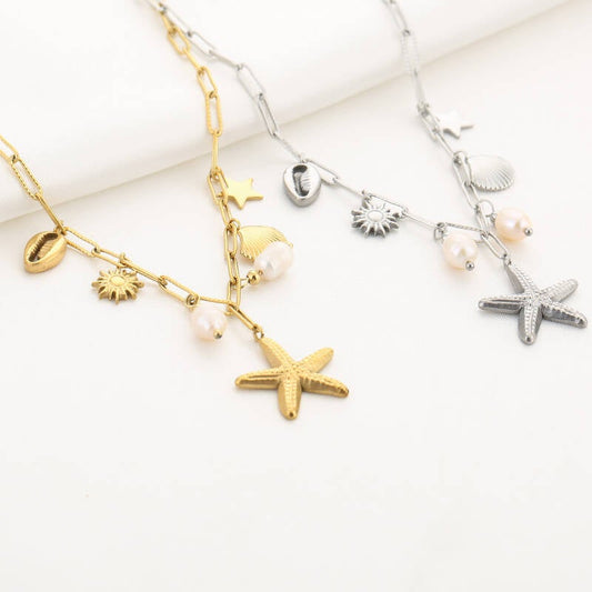 Golden Sea Necklace – Zomerse Gouden Ketting met Schelp & Zeester (Stainless Steel)