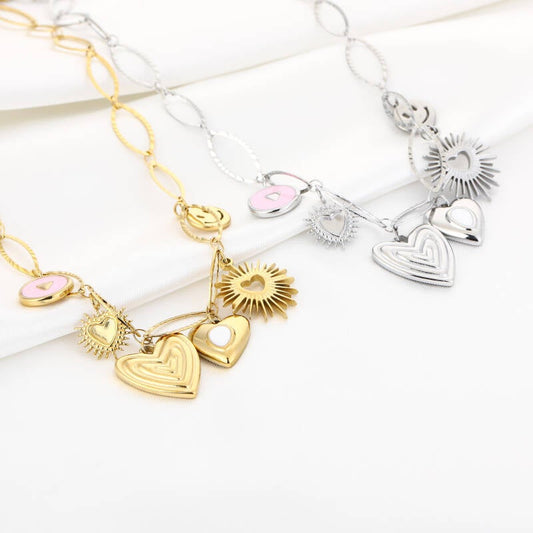 Golden Sunshine Charms Necklace – Gouden Bedelketting met Hart, Zon & Smiley (Stainless Steel)