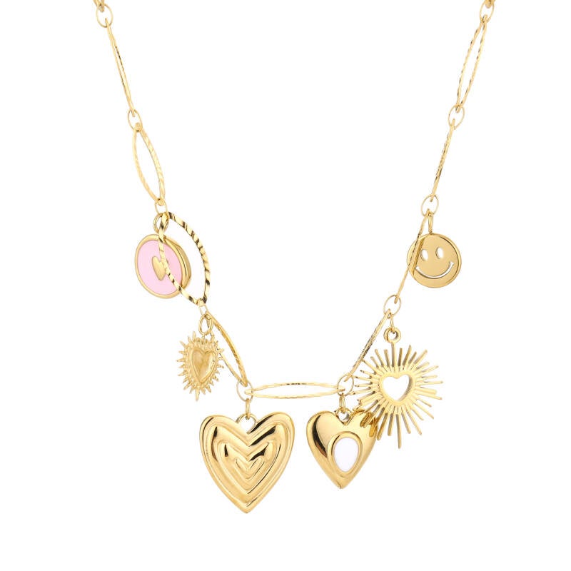 Golden Sunshine Charms Necklace – Gouden Bedelketting met Hart, Zon & Smiley (Stainless Steel)