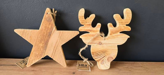 Houten Kerst Ster – Landelijke Mango Houten Ster 20 cm (Staand & Hangend)