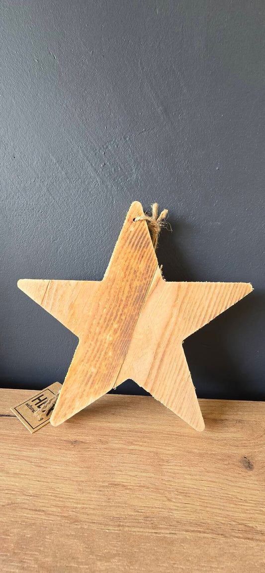Houten Kerst Ster – Landelijke Mango Houten Ster 20 cm (Staand & Hangend)