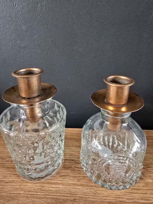 Glazen vaas kandelaar set met metalen dop (koper)