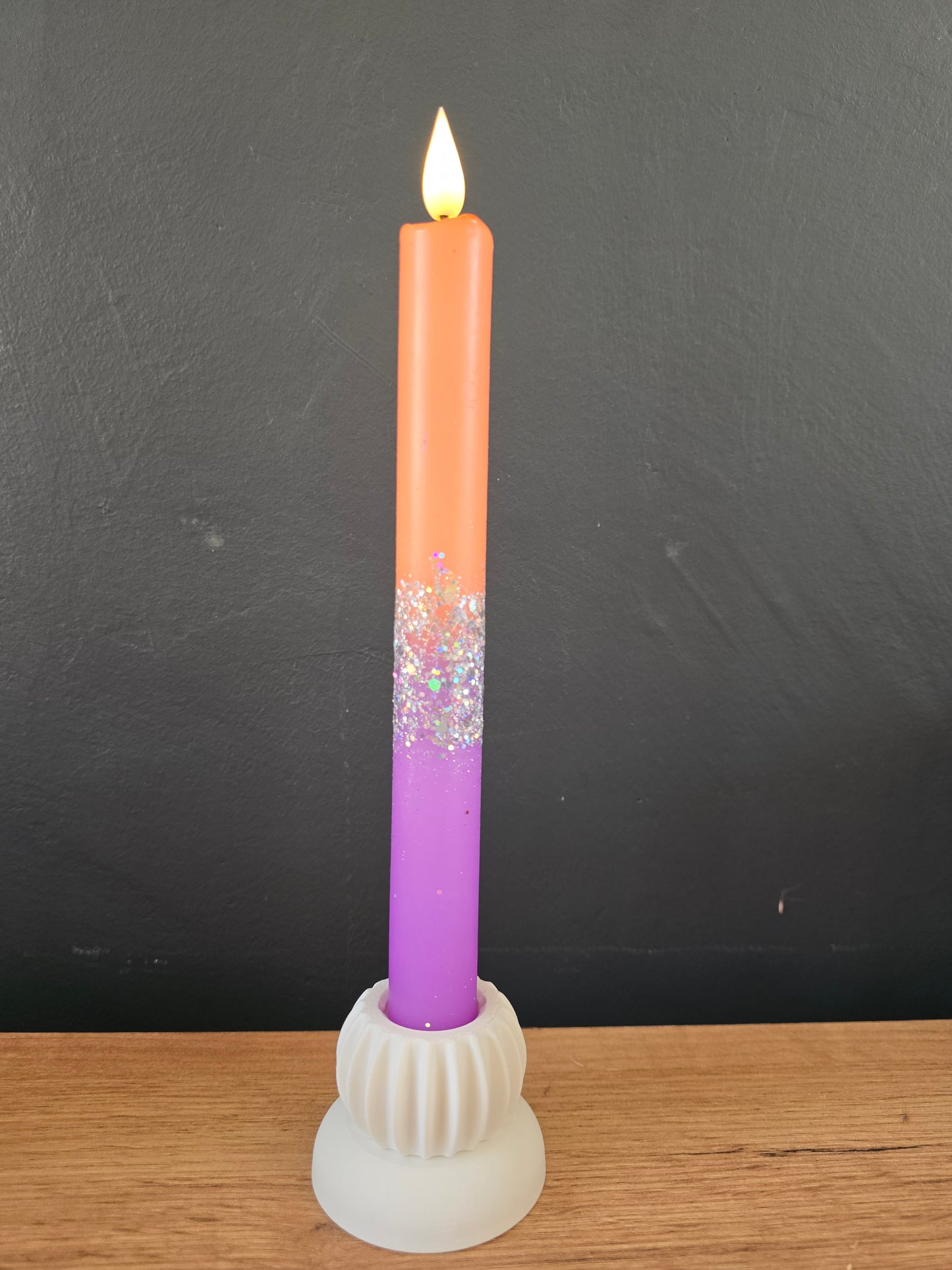 LED dinerkaars handgedipt – paars, zilver glitter & oranje
