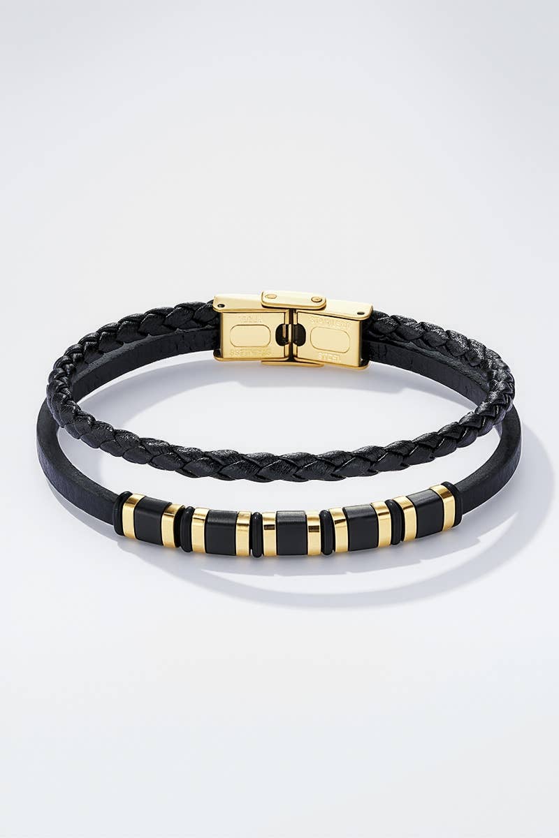 Leren herenarmband zwart met goud
