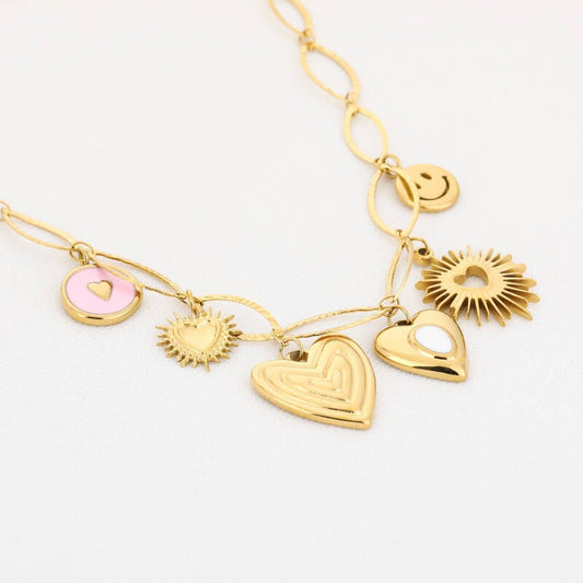 Golden Sunshine Charms Necklace – Gouden Bedelketting met Hart, Zon & Smiley (Stainless Steel)